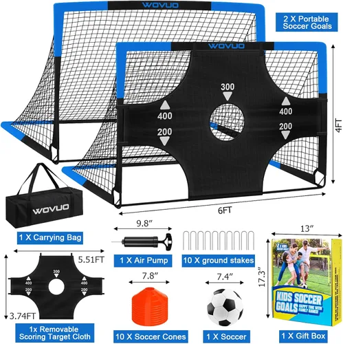 Vista 2 de Kids Soccer Goals for Backyard Set of 2, 6x4 ft Portable Toddler Soccer Goal Training Equipment with Soccer Target, Ball, Cones, Soccer Net for Kids