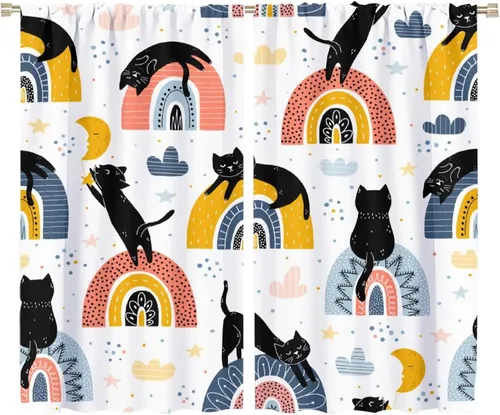 Vista 50 de Cortinas de estilo de mediados de siglo, diseño geométrico abstracto moderno, diseño retro, estampado de gato negro, para dormitorio, sala de estar