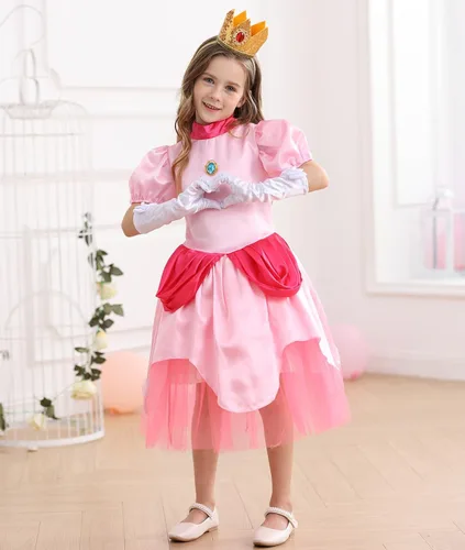 Vista 3 de Luzlen Disfraz de princesa melocotón para niñas, vestido de princesa de Super Brothers, disfraz rosa para Halloween y cosplay