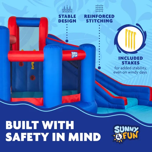 Vista 4 de Sunny & Fun Big Time Bounce-A-Round - Parque inflable de tobogán acuático – Resistente para diversión al aire libre – Pared de escalada, tobogán