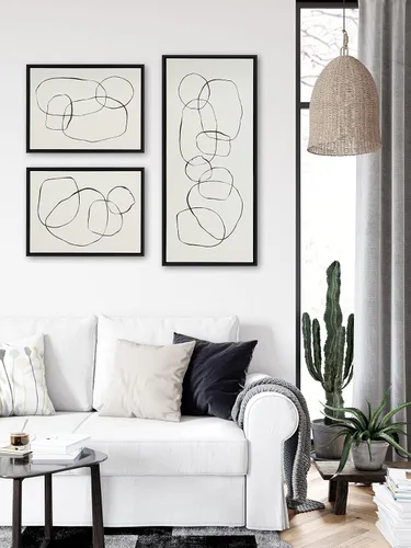 Vista 6 de Kate and Laurel Lienzo enmarcado de círculos bailarines de Sylvie por Teju Reval of SnazzyHues, 18 x 40 pulgadas, negro, decoración abstracta