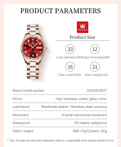Vista 7 de OLEVS Relojes de mujer de oro rosa, correa de acero inoxidable de cerámica, reloj mecánico automático, calendario puntero luminoso impermeable