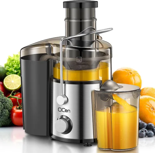 Vista 7 de QCen Máquina exprimidora, extractor centrífugo de 500 W con canal de alimentación de boca ancha de 3 pulgadas para frutas y verduras, fácil