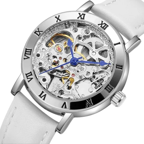 Vista 2 de carlien Steampunk - Reloj mecánico automático para mujer, esfera de esqueleto, de cuero, reloj de pulsera