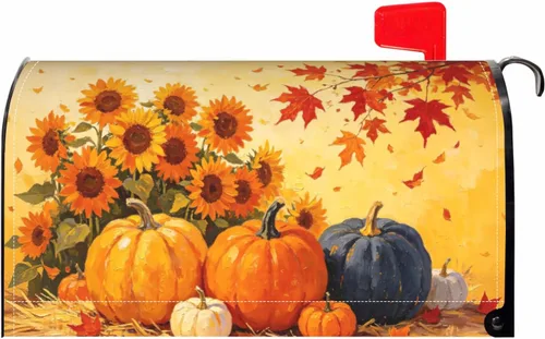 Vista 17 de Halloween Pumpkin Black Cat Mailbox Covers Magnetic Standard Size 18 X 21 Fall Maple leaves Spooky Themed Holiday Decorations Mailbox Wrap Post