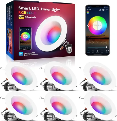 Vista 13 de Luz de lata inteligente de 6 pulgadas, multicolor, atenuada, 2700K-6500K CCT seleccionable, iluminación LED empotrable RGB remota, paquete de 4