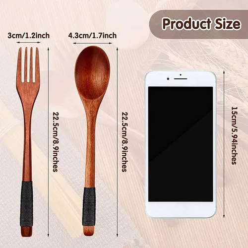 Vista 6 de Alliteqwe Juego de cubiertos de madera con cucharas y tenedores de madera, juego de utensilios de madera de estilo japonés, juego de cubiertos