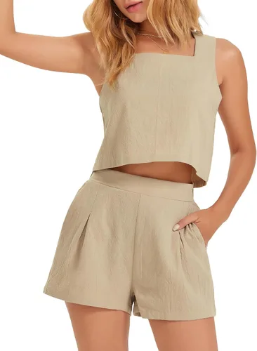 Vista 3 de ATHMILE Conjunto de 2 piezas para mujer, conjunto de dos piezas de lino, pantalones cortos de lino, ropa de moda, conjunto de vacaciones de verano