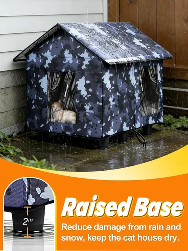 Vista 2 de Casa elevada aislada para gatos al aire libre resistente a la intemperie, 20 x 19 x 17 pulgadas, parte superior de PVC impermeable y forro