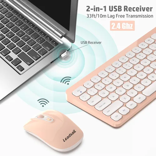 Vista 3 de LeadsaiL Combo de teclado y mouse inalámbricos, juego de mouse y teclado inalámbricos ergonómicos para computadora, mouse y teclado compacto