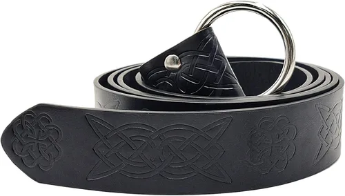 Vista 2 de HiiFeuer Cinturón de cuero PU con relieve medieval y anillo en O, cinturón retro de caballero renacentista Negro B