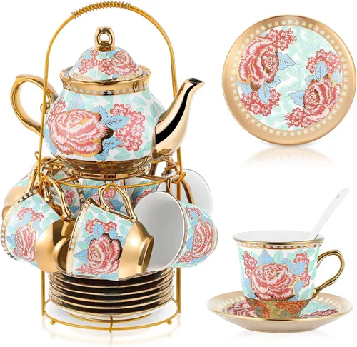 Vista 25 de Zhehao Juego de té de porcelana de 20 piezas con soporte de metal y cuchara para adultos, juego de té de cerámica para adultos, pintura de flores