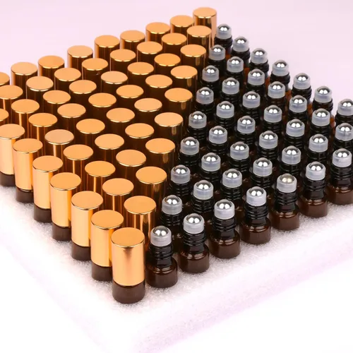 Vista 8 de MaxMau Paquete de 24 Botellas de Vidrio Ámbar de 5ml para Aceites Esenciales, Botella Roll-on con Bolas Rodantes de Acero Inoxidable, Tapas Pintadas
