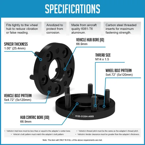 Vista 5 de Wheel Accessories Parts 2 adaptadores de espaciadores de rueda centrados en buje 5 en 4.724 in 0.197x4.724 in 1.00" de grosor 0.551 in 1.50