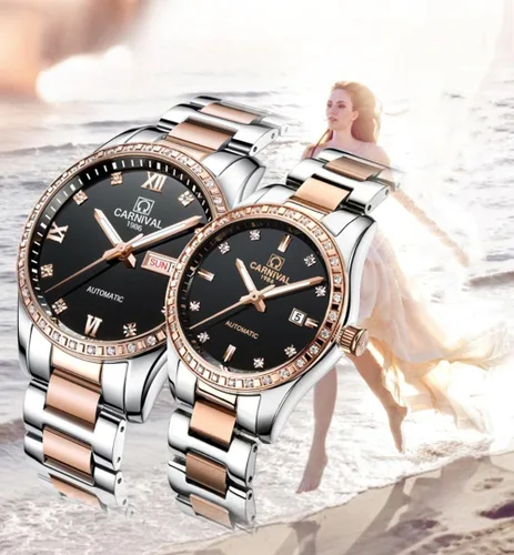 Vista 4 de Gosasa Reloj mecánico automático para parejas cristal de zafiro reloj de acero inoxidable para hombres y mujeres para ella o ella juego de regalo