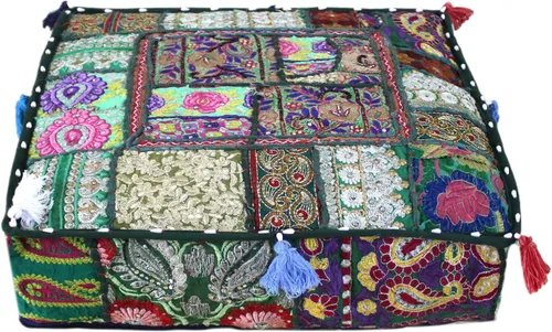 Vista 30 de CRAFT KALA Funda de Puf Tradicional de Retazos Cuadrada India Pufs de Sala de Estar India Otomana de Diseñador Bordada Decorativa Hogar Vida Rosa