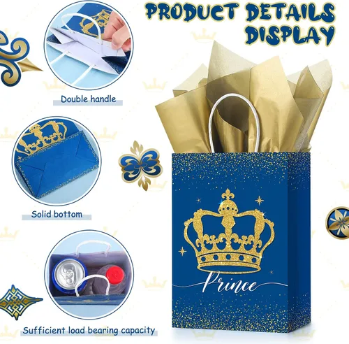 Vista 5 de Nezyo 16 bolsas de recuerdo de fiesta de princesa príncipe con asas y papel de seda, bolsas de regalo para cumpleaños, baby shower, regalos
