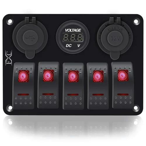 Vista 2 de FXC Interruptor basculante de 5 bandas con doble ranura USB de 5 V 3.1 A + medidor de voltios + encendedor de cigarrillos para lanchas marinas