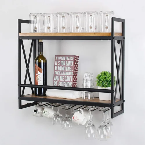 Vista 2 de MBQQ Estantes de vino rústicos montados en la pared con soporte para vidrio de 6 vástagos, estante de vino industrial de metal de 23.6 pulgadas