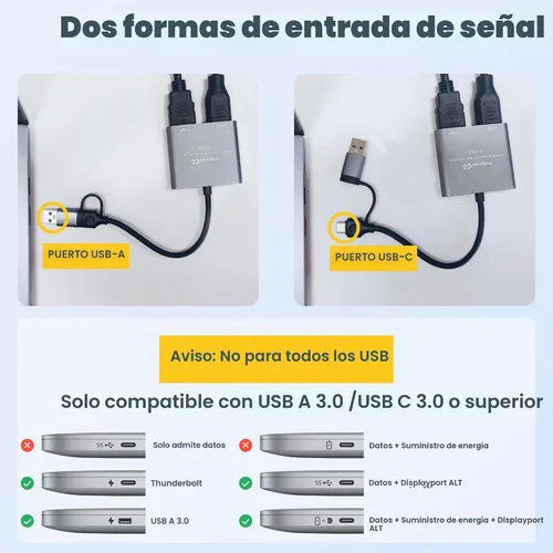 Vista 5 de Adaptador USB a HDMI para 2 monitores, USB 3.0 a HDMI dual para 3 monitores, USB a HDMI con dos displau HD compatible con Mac y Windows/Extensor