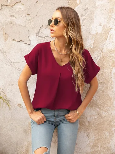 Vista 3 de QUEZHU - Blusas de verano para mujer, elegantes, de gasa, con cuello en V y estilo casual