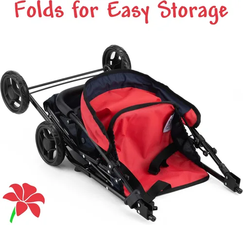 Vista 6 de Hushlily® Tandem - Cochecito de muñeca doble con toldo ajustable y cesta, plegable, con ruedas suaves (rojo y azul)
