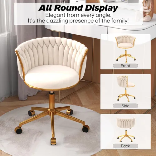 Vista 8 de Silla de oficina en casa tejida de terciopelo, moderna silla de escritorio giratoria con ruedas, silla de tocador ajustable en altura con base