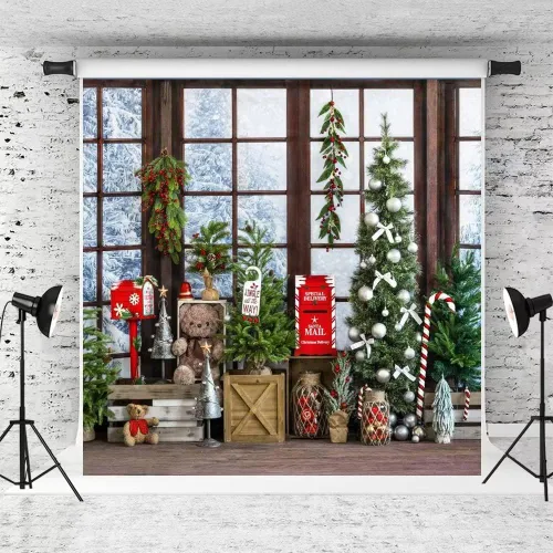 Vista 17 de Kate Telón de fondo de fotos de casa de campo de Navidad, fondo de puerta rosa, nieve blanca, árboles de Navidad, fondo de fotos, accesorios de 5