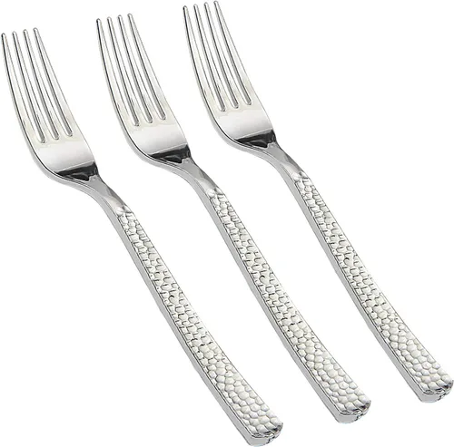 Vista 10 de Supernal 300 tenedores de plástico dorado, tenedores martillados desechables, cubiertos pesados de primera calidad pulidos, perfectos para fiestas