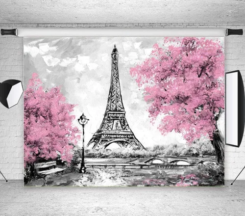 Vista 2 de Telones de fondo de la Torre Eiffel de París de 9 x 6 pies para fotografía, flores rosas, árboles, amantes de la foto, accesorios de estudio de boda