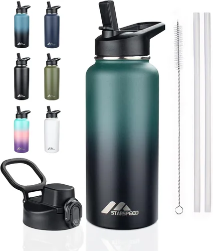 Vista 13 de StarSpeed Botella de agua aislada de 32 onzas con tapa con pajilla, botella de agua al vacío de doble pared de acero inoxidable, botella de agua