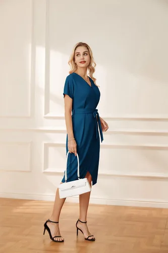 Vista 6 de GRACE KARIN Vestido de negocios de manga corta con cuello en V para mujer, con lazo en la cintura, vestido de cóctel con abertura, vestido midi