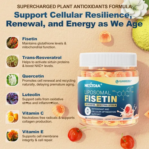 Vista 5 de Fisetina liposomal de 200 mg y complejo de resveratrol 500 mg - Longevidad y apoyo a la renovación celular - 98% Fisetina de alta pureza