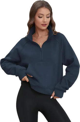 Vista 4 de ATHMILE Sudaderas para mujer, sudaderas cortas con capucha y media cremallera, forro polar, suéter con cremallera de un cuarto, suéter de moda