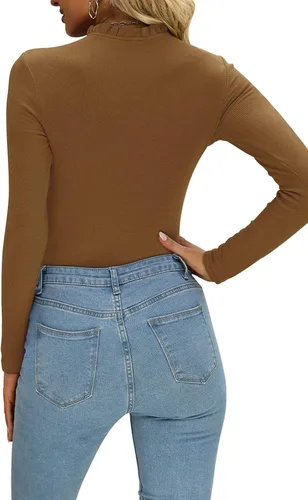 Vista 4 de PINKMSTYLE Body de manga larga con volantes y cuello alto falso para mujer, diseño acanalado, ajustado, para negocios, casual