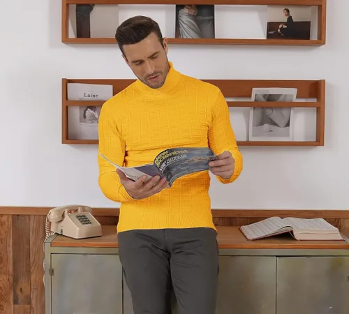 Vista 3 de COOFANDY Suéter de cuello alto ajustado para hombre estilo casual de punto gofre sólido