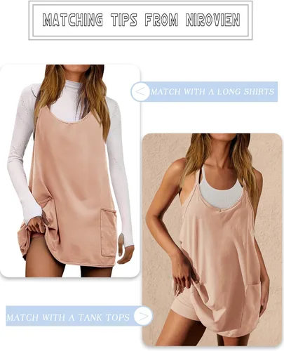 Vista 3 de Nirovien Vestido de tenis para mujer, mini vestido de entrenamiento con pantalones cortos, sin mangas, tirantes delgados, vestidos atléticos de golf