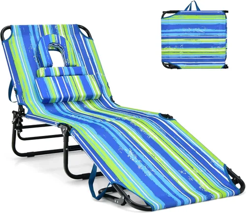 Vista 18 de GYMAX Silla de bronceado, silla de playa de 350 libras con agujero para la cara, almohada lavable y correa de transporte, tumbona plegable