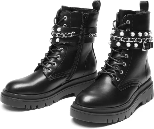 Vista 6 de DREAM PAIRS Botas de combate de plataforma de moda para mujer, con cordones, suela gótica, botines al tobillo