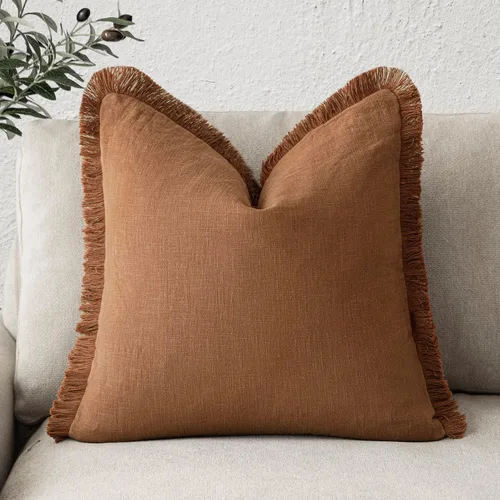 Vista 12 de Foindtower Fundas de almohada decorativas de lino con flecos, acogedora funda de cojín bohemia estilo farmhouse con borlas, funda de almohada
