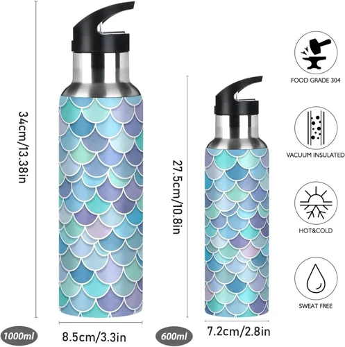 Vista 2 de BPA-Free Sports Water Bottle with Straw 32 Oz, Stainless Steel Vacuum Insulated Water Bottle for Gym Outdoor Travel School, Watercolor Mermaid