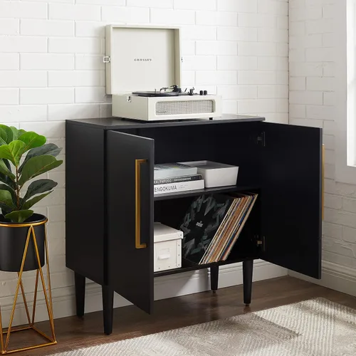 Vista 8 de Crosley Furniture Everett Accent - Armario de almacenamiento, soporte para tocadiscos, soporte para discos de vinilo, negro mate