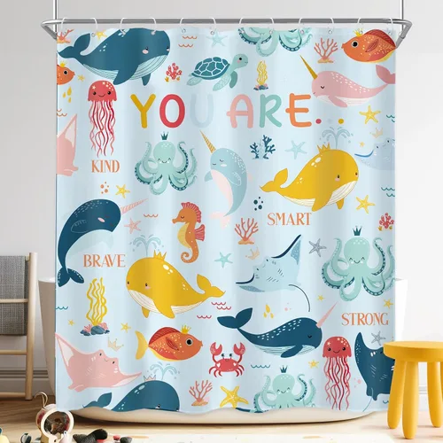 Vista 11 de Riyidecor Ocean - Cortina de ducha para niños, 60 pulgadas de ancho x 72 pulgadas de alto, diseño de ballena, dibujos animados, animales, delfín