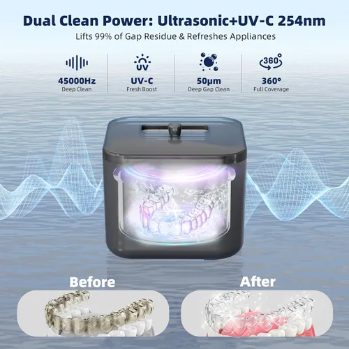 Vista 2 de Máquina limpiadora ultrasónica de retenedores, limpiador de dentaduras, limpiador dental y de joyas todo en uno para alineadores, protectores