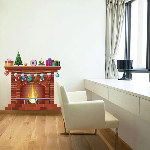 Vista 4 de Adhesivos de pared para chimenea de Navidad, calcomanías de pared para chimenea de Navidad, calcomanías de pared autoadhesivas de PVC para ventana