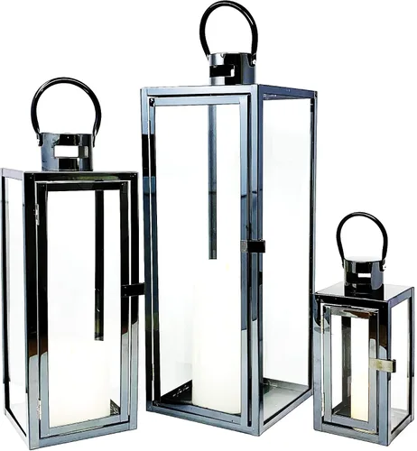Vista 3 de Allgala Juego de 3 faroles gigantes de lujo de 23 pulgadas para interiores y exteriores, marco de acero inoxidable, vidrio templado, rectangular