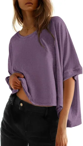 Vista 22 de Dokotoo -Camisetas de verano para mujer, color liso, holgadas, de gran tamaño, básicas