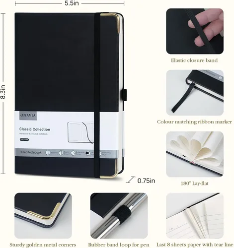 Vista 2 de ONAVIA Cuaderno rayado A5 - Papel grueso de 100 g/m², cuaderno de tapa dura para escribir, trabajo, viajes, escuela, cuaderno rayado para mujeres