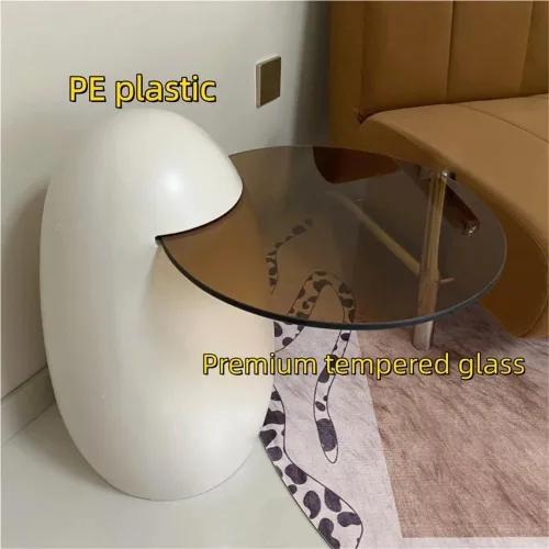 Vista 3 de Mesa auxiliar moderna de plástico PE, mesa auxiliar anidable con tapa de cristal, mesa auxiliar creativa en forma de huevo para sala de estar