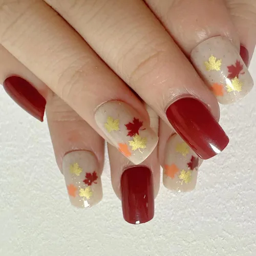 Vista 8 de 24 uñas postizas a presión de hoja de arce, uñas de almendra de longitud media, uñas postizas retro con hojas de otoño con diseño de Acción de Uñas